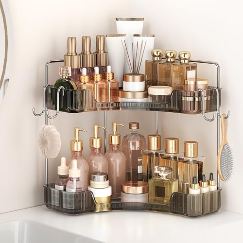 Corner Counter Organizer, 2-Tier Bathroom & Kitchen Storage Tray | Grey Vanity Organizer Storage Countertop with Hooks for Skincare, Makeup & Jewelry - color: Gray, size: 2 Tier