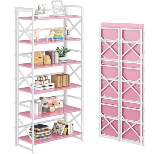 4NM 6 Tiers No Assembly Book Shelves, 61.8" H Folding Bookshelf Bookcase Open Industrial Foldable Shelves for Bedroom, Living Room, Home Office - Pink White - color: Pink White, size: XX 6-Tier