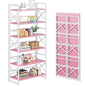 4NM 6 Tiers No Assembly Book Shelves, 61.8" H Folding Bookshelf Bookcase Open Industrial Foldable Shelves for Bedroom, Living Room, Home Office - Pink White - color: Pink White, size: XX 6-Tier