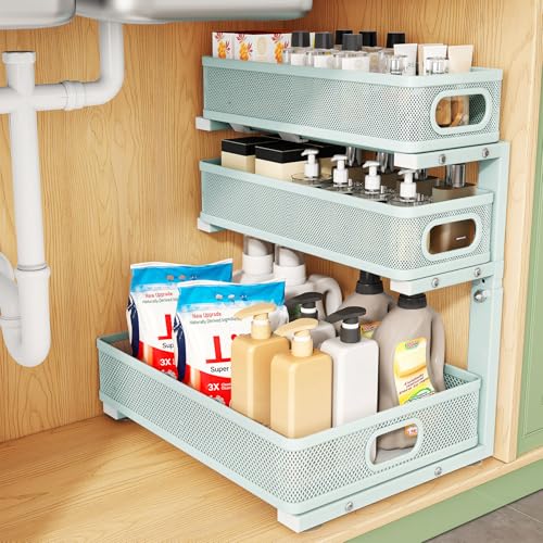 Under Sink Organizer, 1-Pack 3-Tier Height Adjustable Thickened Metal Pull out Cabinet Organizer Shelf, Slide out Storage Drawer Rack for Bathroom Kitchen Pantry Home Organization, LightBlue - color: LightBlue, size: 1 Pack