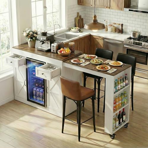 ARTETHYS 48”- 80” Extendable Kitchen Island with Fridge Storage for Kitchen | White Expanded Kitchen Counter with Compartment & Drawers, Sideboard Buffet Table with Cabinet and Side Rack - color: White