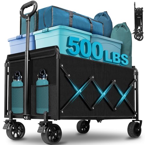 Collapsible Wagon Cart with Wheels Foldable: 500LBS Heavy Duty Folding Utility Wagon - Portable All Terrain Grocery Wagon Cart for Groceries Shopping Outdoor Camping Sports (Black-500Lbs) - color: Black-500bl
