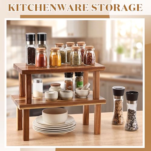 RattanView 2 Pcs Extra Large 16 Inches 15 Inches Acacia Wooden Riser Wooden Countertop Organizer Display Shelf for Top of Desk Home Office Bathroom Coffee Table Display Stand - size: 15×7.5×6 ,16×8×6.5 Inches