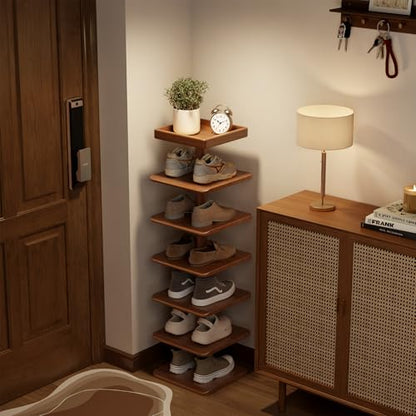 6-Tier Vertical Shoe Rack, Narrow Shoe Tower for Small Space - color: Walnut, size: 11.4"D×10.8”W×43.3"H