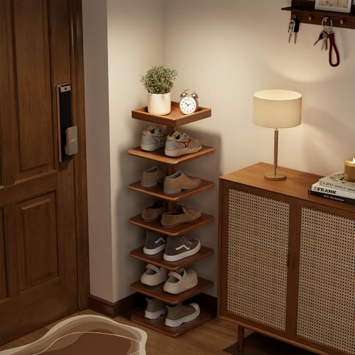 6-Tier Vertical Shoe Rack, Narrow Shoe Tower for Small Space - color: Walnut, size: 11.4"D×10.8”W×43.3"H