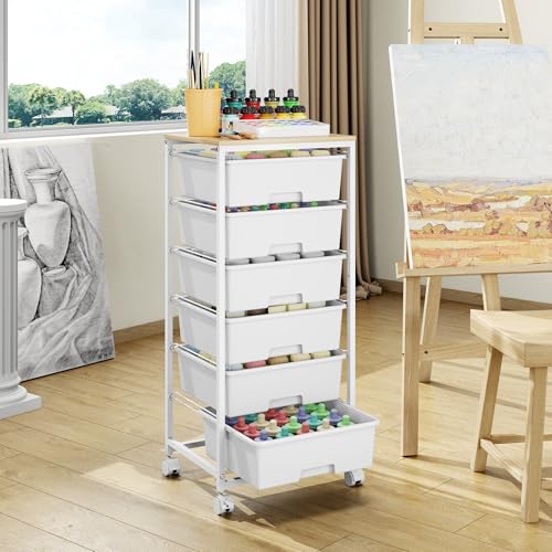 6 Drawer Rolling Storage Cart with Wooden Top and Wheels for Crafts,White | Easy Setup, Large Capacity, Sturdy Build, Lockable Mobility, For office, classroom and art studio supplies - color: White