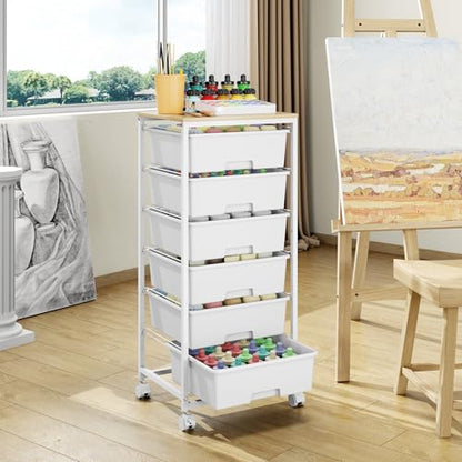 6 Drawer Rolling Storage Cart with Wooden Top and Wheels for Crafts,White | Easy Setup, Large Capacity, Sturdy Build, Lockable Mobility, For office, classroom and art studio supplies - color: White