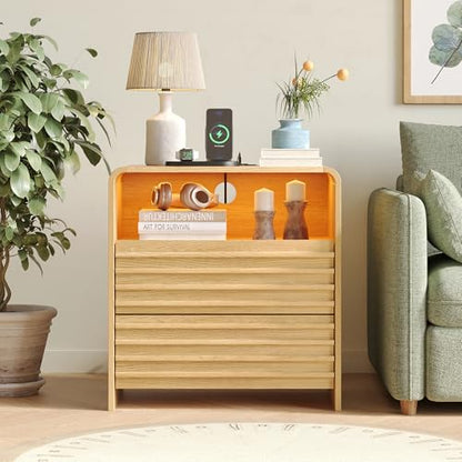 Fameill Fluted Nightstands,Nightstand with Charging Station,LED Night Stand with Two Drawers,Bedside Table with USB Ports and Outlets,Modern End Table for Bedroom (Burly Wood) - color: Burly Wood