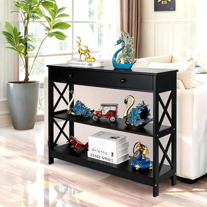 Nouva Narrow Console Accent Table w/Storage Shelf, 3-Tier 40 Inch Entryway Sofa Table End Table Display Shelf w/Drawer for Living Room Hallway Entryway Foyer,Black