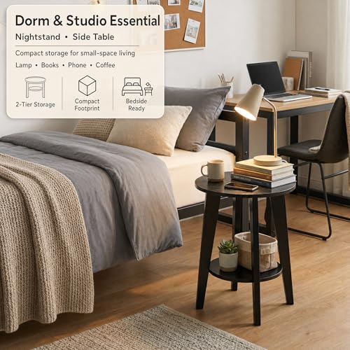 Small Round Side Table-17.7" Cute End Table with 2-Tier Storage | Waterproof Low Nightstand for Kids Room, Nursery, Small Spaces, Plant Stand & Bean Bag (Black) - color: Charcoal Black