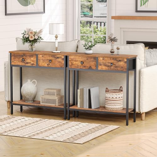 HOOBRO 29.5" Narrow Console Table with 2 Fabric Drawers, Small Entryway Table with 2-Tier Storage Shelves, Sofa Table, Behind Couch Table, for Living Room, Hallway, Rustic Brown and Black BF71XG01 - color: Rustic Brown and Black