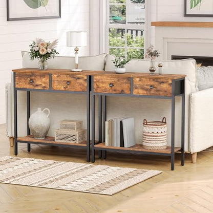 HOOBRO 29.5" Narrow Console Table with 2 Fabric Drawers, Small Entryway Table with 2-Tier Storage Shelves, Sofa Table, Behind Couch Table, for Living Room, Hallway, Rustic Brown and Black BF71XG01 - color: Rustic Brown and Black