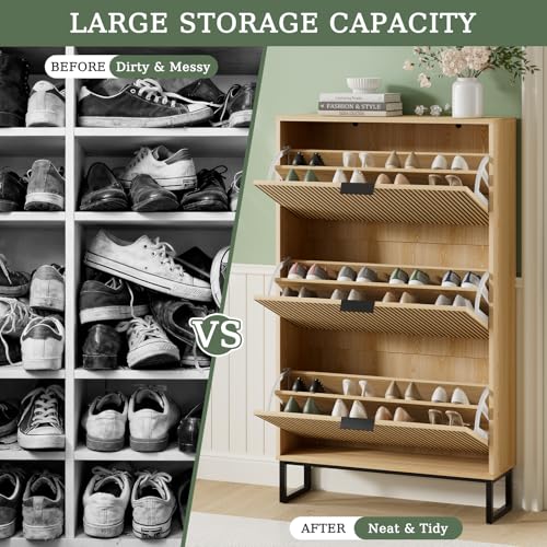 Shoe Cabinet Storage with 3 Flip Drawers, Shoe Organizer Cabinet for Entryway, Modern Freestanding Hidden Shoe Rack Organizer Shoe Cupboard for Hallway, Natural Wood - size: 3 Flip Drawers