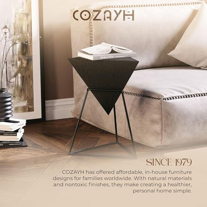 COZAYH Geometric End Table, Modern Side Table with Wooden Top and Metal Base Design, Unique Pyramid Plant Stand for Home and Living Room, Black - color: Black