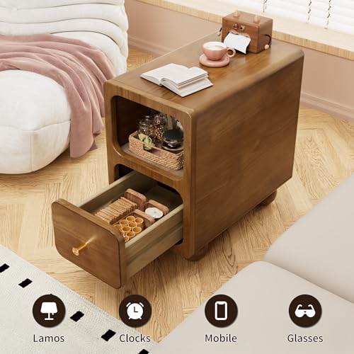 Small Narrow Nightstand with Drawers, Solid Wood Nightstand, Walnut Night Stand, Mid Century Side Table, Modern Bedside Tables for Bedroom (10 inch) - style: Narrow Nightstand