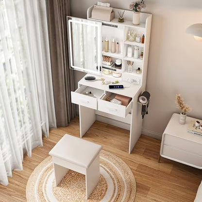 Small Vanity Desk Set with Lighted Mirror and Stool, Compact Makeup Table Set with Light - 3 Color Models, Dressing Makeup Table with Hair Dryer Rack & Power Strip & 2 Drawers for Bedroom Apartment