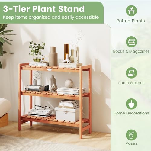 Giantex 3-Tier Plant Stand Indoor, Solid Wood Flower Pot Display Rack w/ Slatted Shelves, Take Oil Finish Bookshelf Shoe Rack, Indoor Outdoor Storage Shelf for Patio Garden Balcony Home Living Room Entryway - size: 13" x 36" x 35"