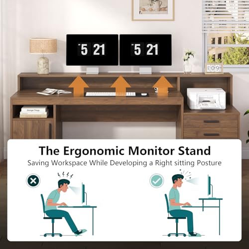 YOMILUVE Computer Desk with 3 Drawers & Storage Shelves, 65 Inch Home Office Desk with File Drawer & Cabinet, Writing Study Desks with Monitor Stand & Printer Shelf, Executive Desk, Brown - color: Brown