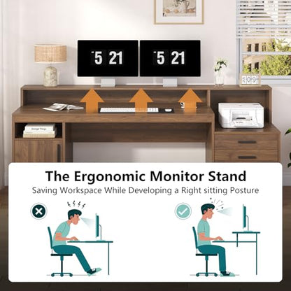 YOMILUVE Computer Desk with 3 Drawers & Storage Shelves, 65 Inch Home Office Desk with File Drawer & Cabinet, Writing Study Desks with Monitor Stand & Printer Shelf, Executive Desk, Brown - color: Brown