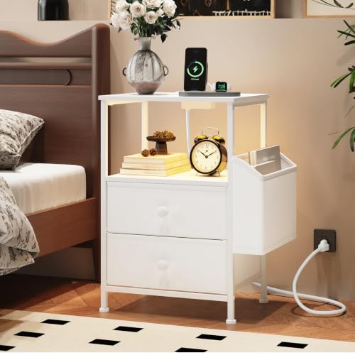MALOL Night Stand with Charging Station & Led Light Strip, Bedside Table with Open Shelf & 2 Fabric Drawers and Reversible Side Storage Pocket, Modern End Table Bedroom,Living Room,White - color: White, size: Set of 1
