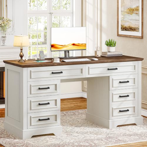 58" Executive Desk with 7 Drawers, Large Computer Desk with Charging Station , Wood Home Office Desk with File Drawer for Letter/A4 Size Hanging Files for Home Office, Rustic White and Rustic Brown - color: Rustic White and Rustic Brown