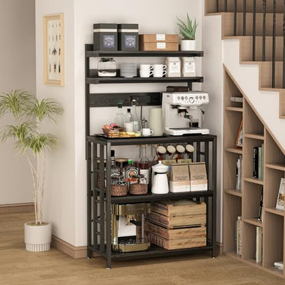 METYERRY Adjustable Bakers Rack with Power Outlet,Coffee Bar Station with Led Lights,Microwave Stand with Storage,5-Tier Kitchen Shelf,Kitchen Storage Rack for Spices, Pots and Pans,Black - color: Black