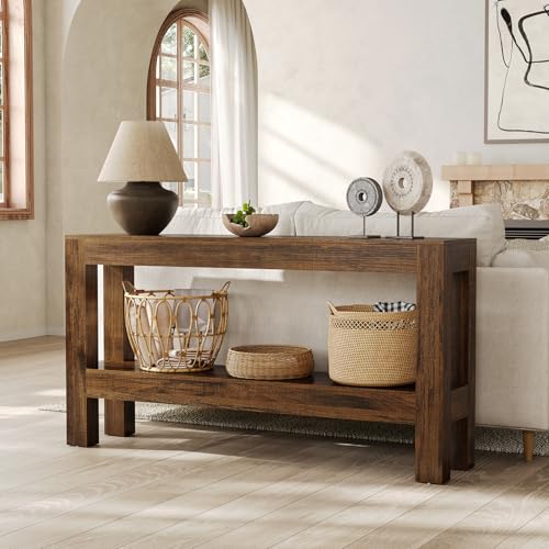 LITTLE TREE 63-Inch Wood Entryway Table, Long Farmhouse Narrow Console Table for Living Room, Hallway, Sofa, Entry, Entrance, Foyer, Behind Couch with 2-Tier Shelves, Brown - color: Red Brown