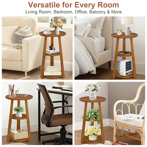 Small Round Side Table, Solid Wood 3-Tier End Table for Small Spaces, 13 Inch Compact Drink Table, Round Wood Side Table for Living Room & Bedroom, Amber Brown - color: Amber Brown