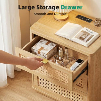 Kalrin Rattan Nightstand with Charging Station, 3 Drawers, Light Oak | 3 Drawers End Table with Storage, Wood Bedside Tables, Boho Larger Night Stand for Bedroom Office - color: Light Oak