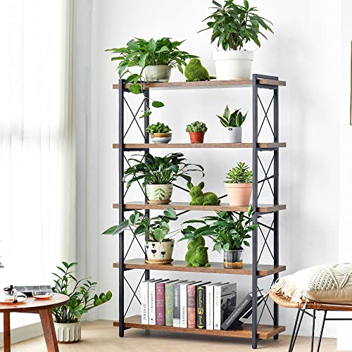 HCHQHS Bookshelf, 5-Tier Industrial Bookcase, Rustic Open Book Shelf, Freestanding Tall Bookshelves with Metal Frame - color: Rustic Brown, size: 5-Tier (35.8"W x 65.7"H)