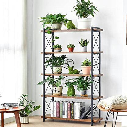 HCHQHS Bookshelf, 5-Tier Industrial Bookcase, Rustic Open Book Shelf, Freestanding Tall Bookshelves with Metal Frame - color: Rustic Brown, size: 5-Tier (35.8"W x 65.7"H)
