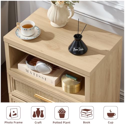RWYHG 24'' Wide Farmhouse Night Stand with 2 Drawers,Rattan Nightstand | Modern Boho End Table Open Storage Shelf, Metal Handle, Mid-Century Wood Bed Side Table for Bedroom, Living Room - color: Natural（rattan ）