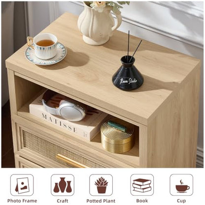 RWYHG 24'' Wide Farmhouse Night Stand with 2 Drawers,Rattan Nightstand | Modern Boho End Table Open Storage Shelf, Metal Handle, Mid-Century Wood Bed Side Table for Bedroom, Living Room - color: Natural（rattan ）