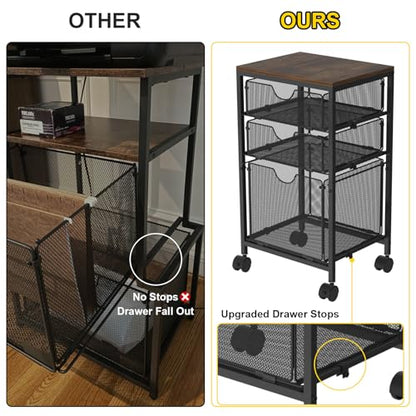 BOHDK Rolling File Cart with 3 Storage Drawers, Wood & Mesh Hanging File Folder Organizer with Wheels Under Desk, File Cabinets for Home Office, 11.81" D x 14.8" W x 25.39" H, Black - color: Rustic Brown & Black