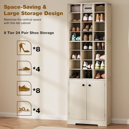 HOMMPA 72'' Beige Tall Shoe Cabinet, Freestanding Tall Shoe Rack with Bottom Cabinet, 8-Tier 24 Cubbies Wooden Shoe Storage Organizer with Adjustable Shelves for Entryway, 13" D x 24" W x 72" H