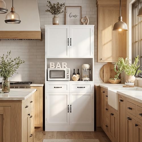 HOSTACK 71" Tall Kitchen Pantry Storage Cabinet, Wood Kitchen Hutch, White | Modern Pantry Cabinet with Microwave Stand, Hutch Cabinet with Countertop & Drawers, Storage Cabinet for Living Room - color: White