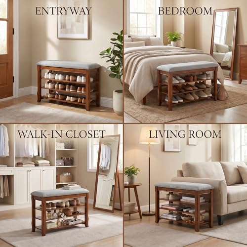 Solid Wood Shoe Bench with Storage, Flip-Top Soft-Close Lid, Adjustable Shelves, Cushioned Entryway Shoe Rack Organizer, 31.5” - size: 31.5"