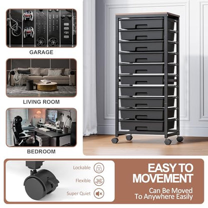 SYKIARIOL Rolling Cart with Drawers,10 Drawer Rolling Cart,Storage Cart,Utility Cart,Teacher Cart for Classroom Storage,Craft Cart with Wheels and Wooden Tabletop,Black - color: Black