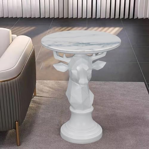 Modern Deer Head Sculpture Side Table, Round Metal End Table with Geometric Animal Base, Industrial Accent Table for Living Room, Bedroom, Office, Dark Bronze Finish - color: Deer - White Geometric