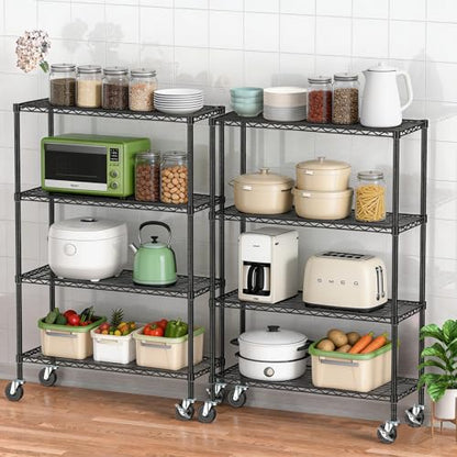 4 Tier Wire Metal Shelving Rack Garage Storage Rolling Shelves with Wheels | Heavy Duty Adjustable Industrial Shelving Steel Wire Organizer Rack for Kitchen Garage Pantry Office Bathroom - size: 4-Tier Metal Shelf（36L x 14W x 57H）
