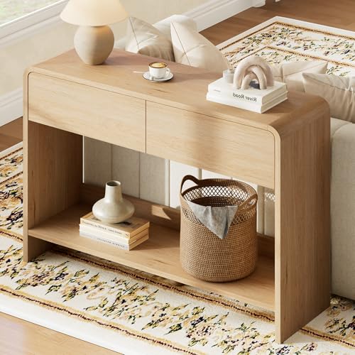 AMERLIFE 45" Modern Entryway Console Table with 2 Storage Drawers | Open Bottom Shelf, Wood Grain Finish, Rounded Edges, Long Sofa Table, Behind Couch, Hallway, Foyer, Living Room, Natural Oak - color: Natural Oak - Flat Panel, size: 45"