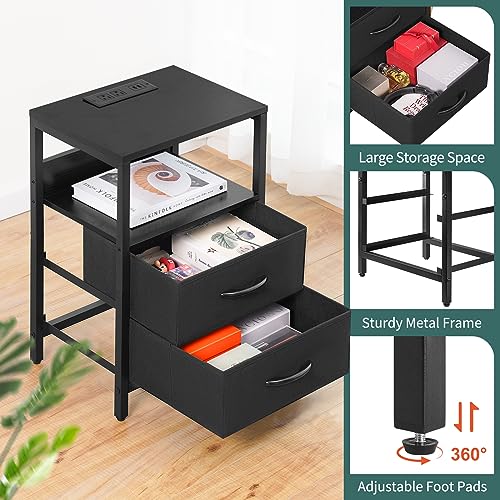 Yoobure Nightstand with Charging Station, LED Night Stand with Fabric Drawers and Storage Shelf for Bedroom, Nightstands Bedside Tables with USB Ports & Outlets, Small Night Stands, Bed Side Table - color: Black
