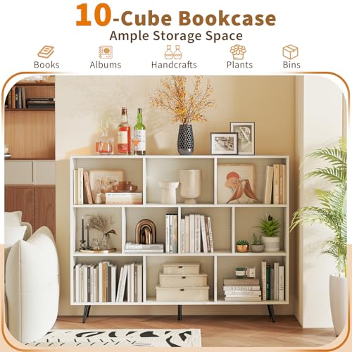 Tangkula 10-Cube Bookcase, Modern 55”L Storage Bookshelf with 5 Tapered Metal Legs & 2 Anti-Tip Kit, Freestanding Display Rack for Living Room, Study Room (White, Large 10-Cube) - size: Large 10-Cube