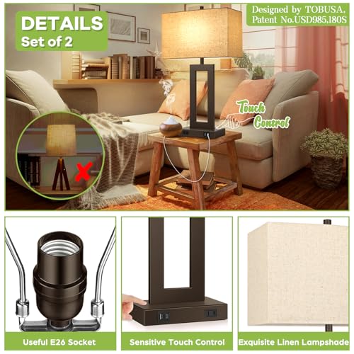 TOBUSA 28’’ Tall Brown Lamps for Living Rooms Set of 2, Modern Touch Control Table Lamps for Bedroom, 3 Way Dimmable Bedside Lamps with 2 USB Ports&AC Outlet, High-end Decor Lamp for Home Office | 3 Way Dimmable, Touch Control, Fabric Cream Shade, Large D