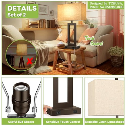 TOBUSA 28’’ Tall Brown Lamps for Living Rooms Set of 2, Modern Touch Control Table Lamps for Bedroom, 3 Way Dimmable Bedside Lamps with 2 USB Ports&AC Outlet, High-end Decor Lamp for Home Office | 3 Way Dimmable, Touch Control, Fabric Cream Shade, Large D