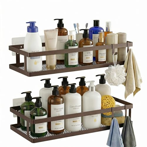 PUSDON 2-Pack Minimalist Shower Caddy Wall Mount, Open Frame Bathroom Shelf Organizer with Mesh Base, Rustproof Floating Spice Rack for Kitchen, Holds 50 LBS, 4 Hooks - Vintage Bronze, Guardrail - color: Vintage Bronze, size: Minimalist Open (12.6" Wide)