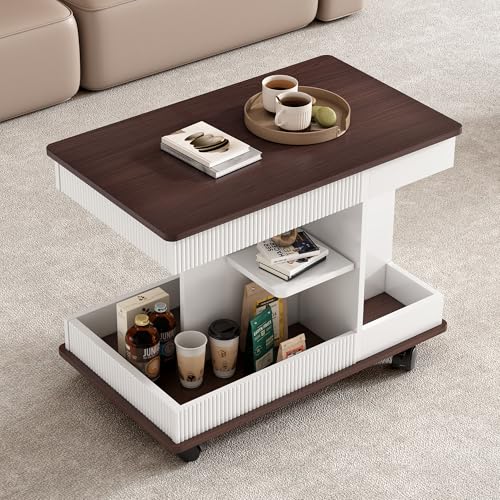 Merax Adjustable End Table with Wheels, Modern Multifunctional Sofa Side Table with Lift-Top, 360°Rotating Top and Storage Space for Living Room, Small Space, Brown+White - color: Brown+white