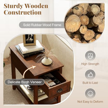 Giantex End Table with Drawer Set of 2, Retro Narrow Side Table, Nightstand with Solid Wood & Storage Shelf, Bedside Table for Living Room Bedroom Small Space Home Office (2, Walnut) - color: Walnut