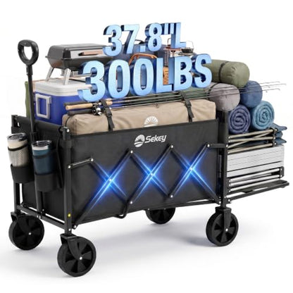 Sekey Collapsible Wagon Cart with Drop-Down Tailgate, 300 lb Capacity - color: Black, size: 300 lbs