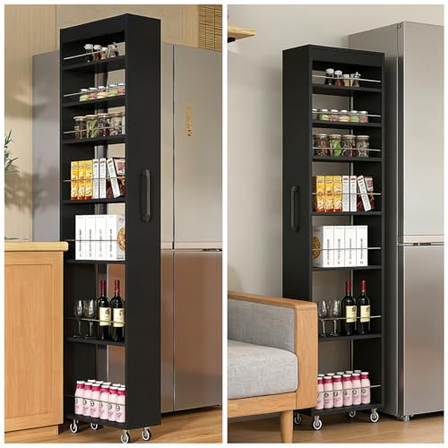 7-Shelf Tall Narrow Storage Cabinet with Wheels, 71 Inch, Black | Slim Pull-Out Organizer, 7.87 Inch Wide for Small Spaces Between Washer/Dryer, Kitchen, Bathroom and Laundry Room - color: E-black